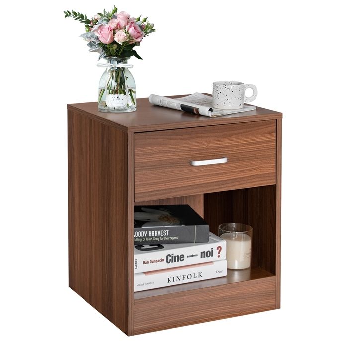 2-Tier Modern Wooden Nightstand with Storage Drawer and Open Cabinet