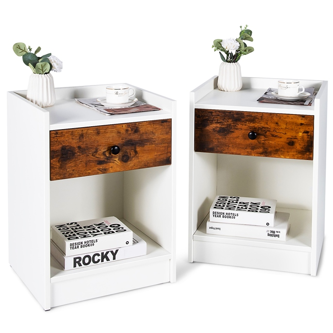 Set of 2 Bedside Table with a Drawer and Open Shelf