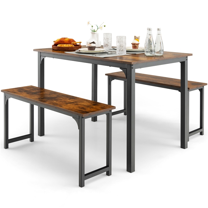 3 Pieces Space-Saving Dining Breakfast Table Set with 2 Benches